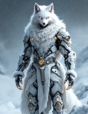 The primary subject of the image is a white, furry creature with a mix of human and animal features. It is wearing a white and gold suit, giving it a futuristic and robotic appearance. The setting is a snowy environment, with the creature standing in front of a mountain. The visual style is a digital art, illustration, or drawing, creating a unique and intriguing scene. The colors and mood of the image are predominantly white and gold, giving it a sense of elegance and soph